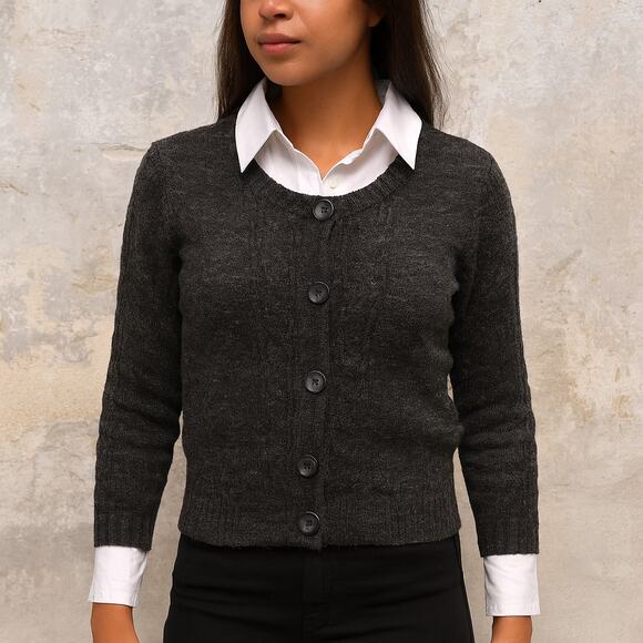 H&M SZ S Wool Blend Mixed Media Button Front Cardigan In Charcoal - Picture 1 of 6